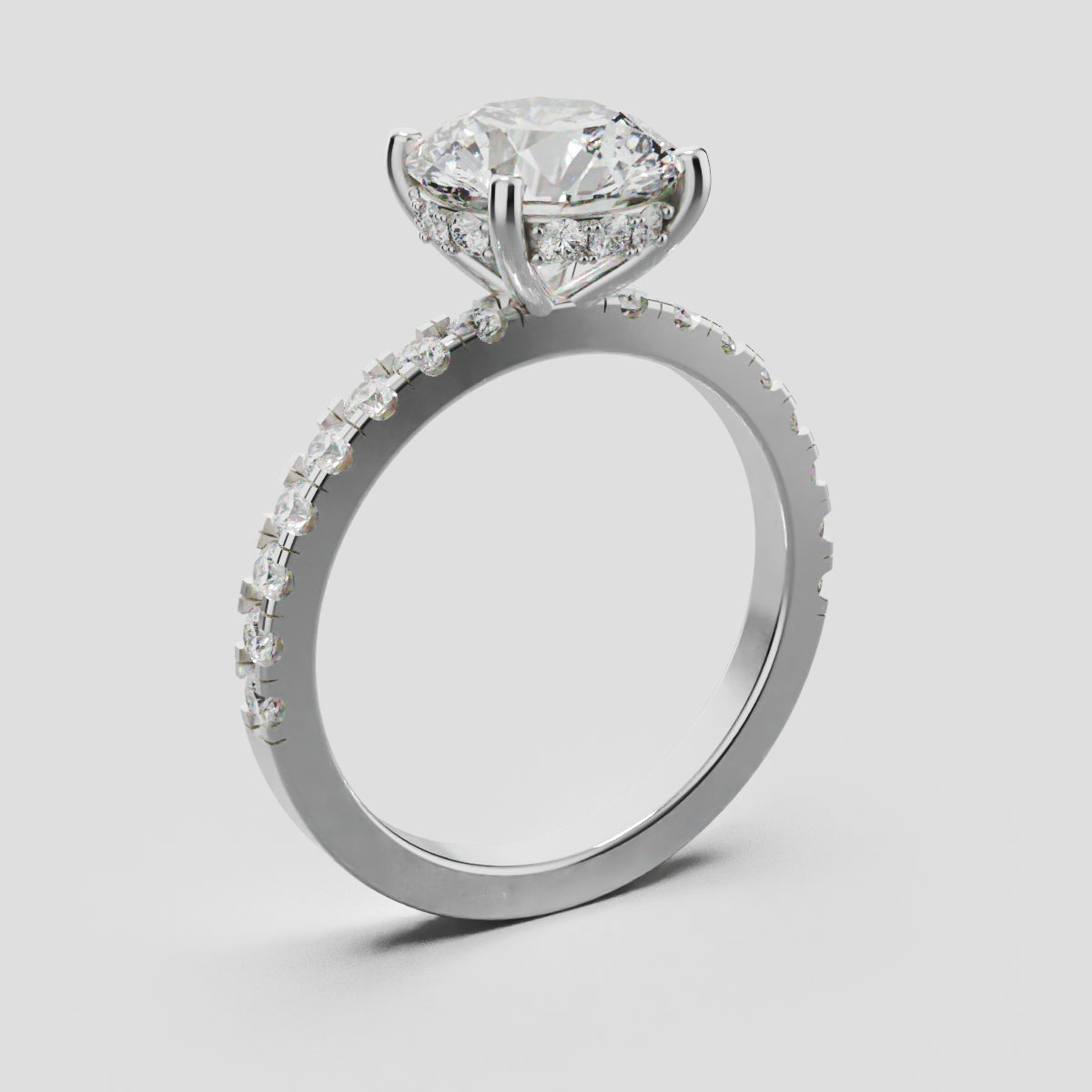 Brina, 2ct round lab grown diamond engagement ring, 1.8mm Pave, Hidden Halo, 4 Prongs, 18K white gold - ne