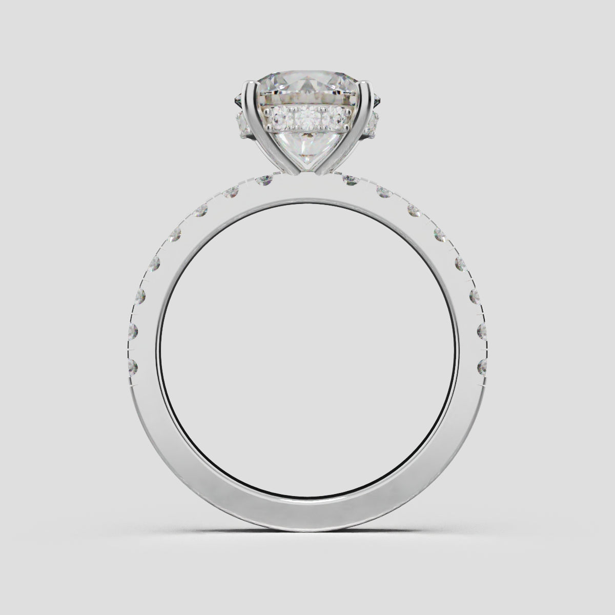 Brina, 2ct round lab grown diamond engagement ring, 1.8mm Pave, Hidden Halo, 4 Prongs, 18K white gold - through finger