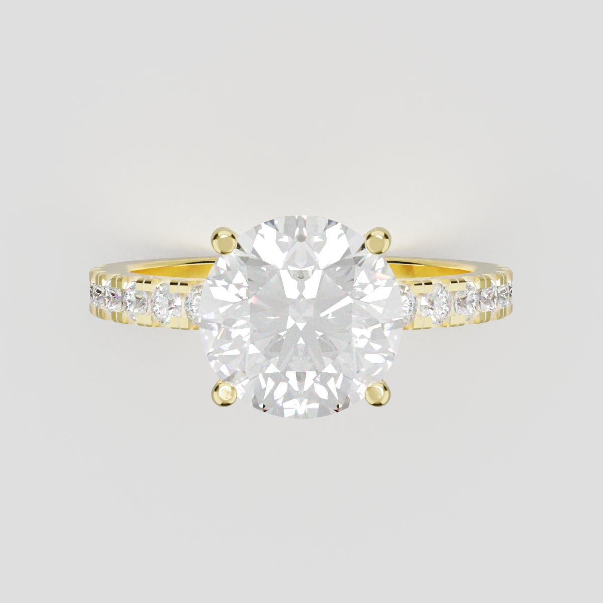 Brina, 2ct round lab grown diamond engagement ring, 1.8mm Pave, Hidden Halo, 4 Prongs, 18K yellow gold - front view