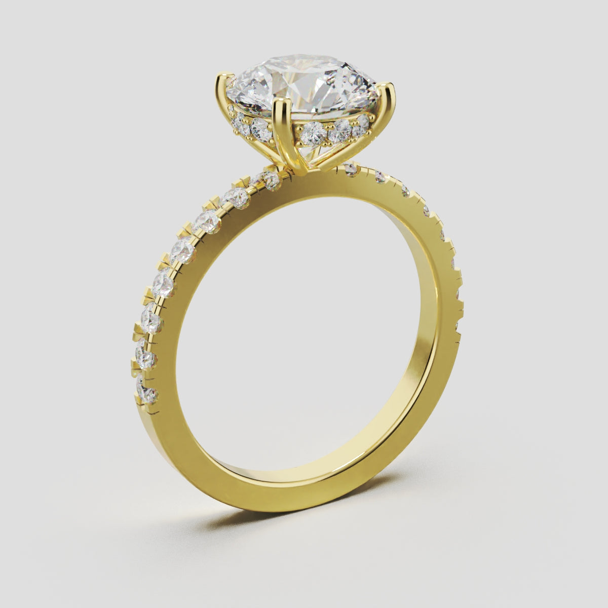 Brina, 2ct round lab grown diamond engagement ring, 1.8mm Pave, Hidden Halo, 4 Prongs, 18K yellow gold - ne