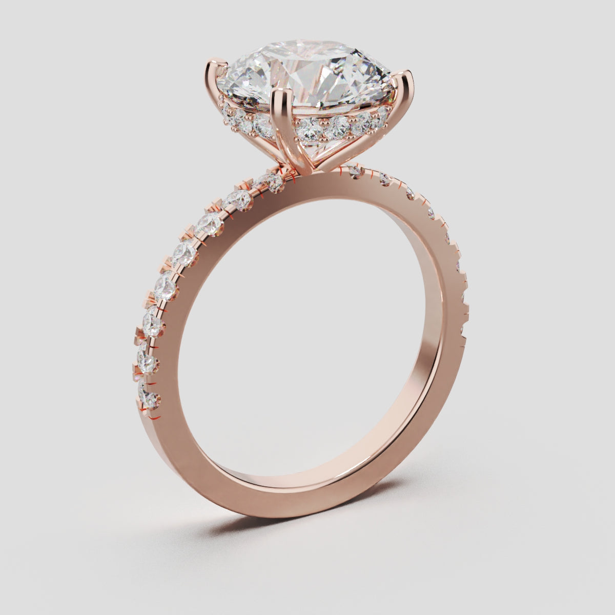 Brina, 3ct round lab grown diamond engagement ring, 1.8mm Pave, Hidden Halo, 4 Prongs, 18K rose gold - ne