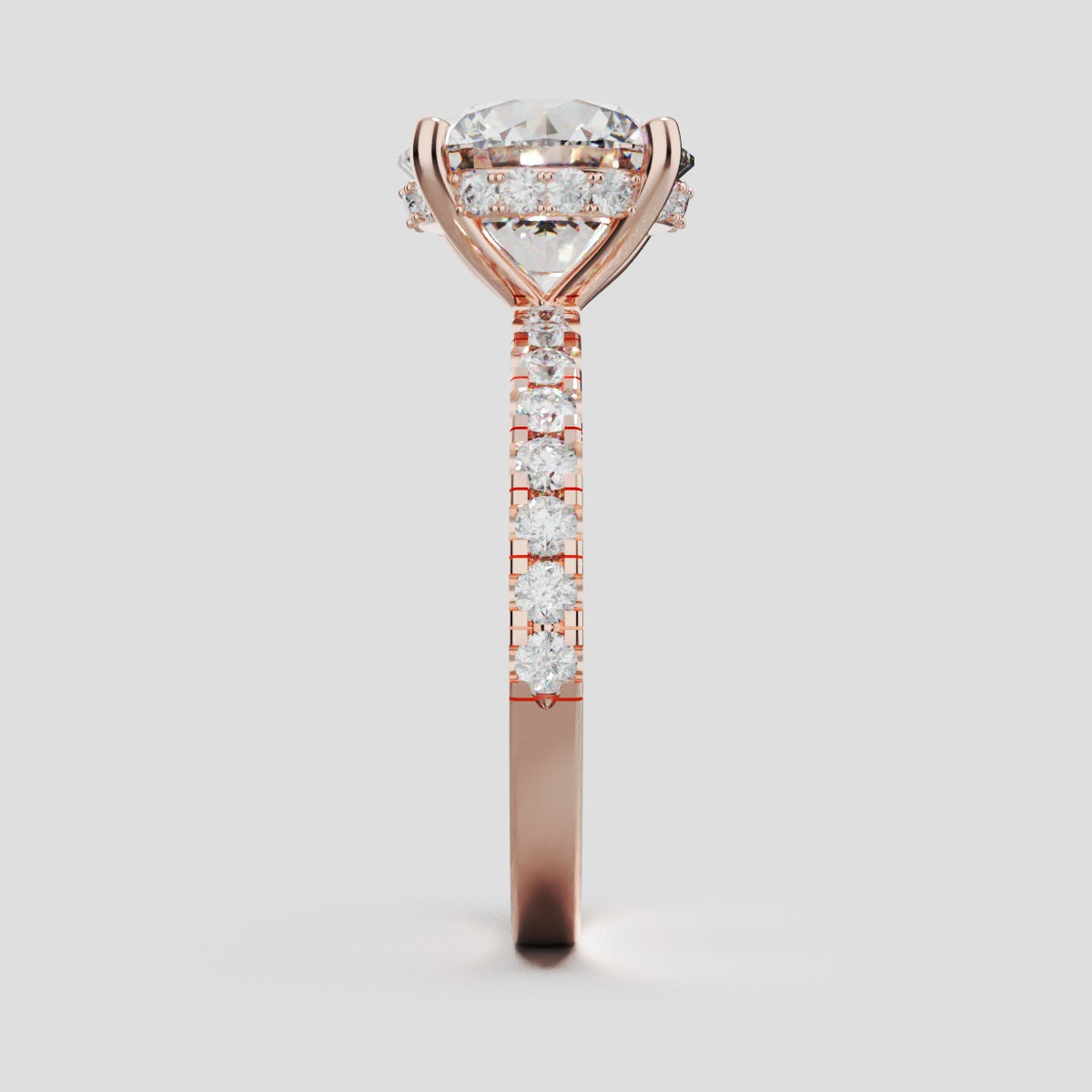 Brina, 3ct round lab grown diamond engagement ring, 1.8mm Pave, Hidden Halo, 4 Prongs, 18K rose gold - side view