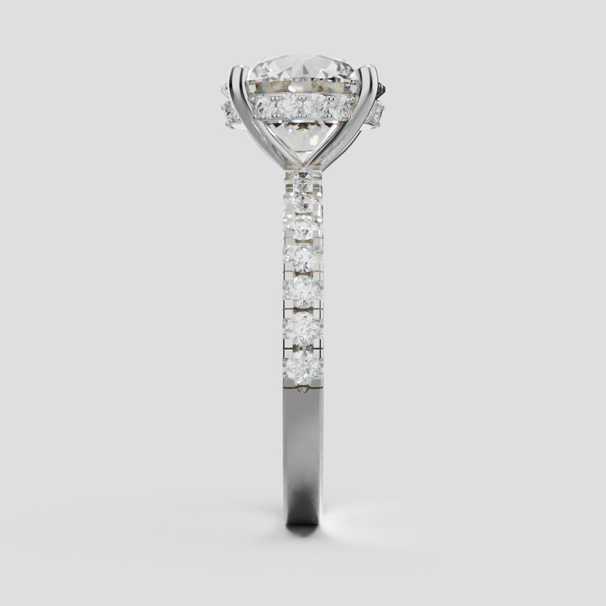 Brina, 3ct round lab grown diamond engagement ring, 1.8mm Pave, Hidden Halo, 4 Prongs, 18K white gold - side view