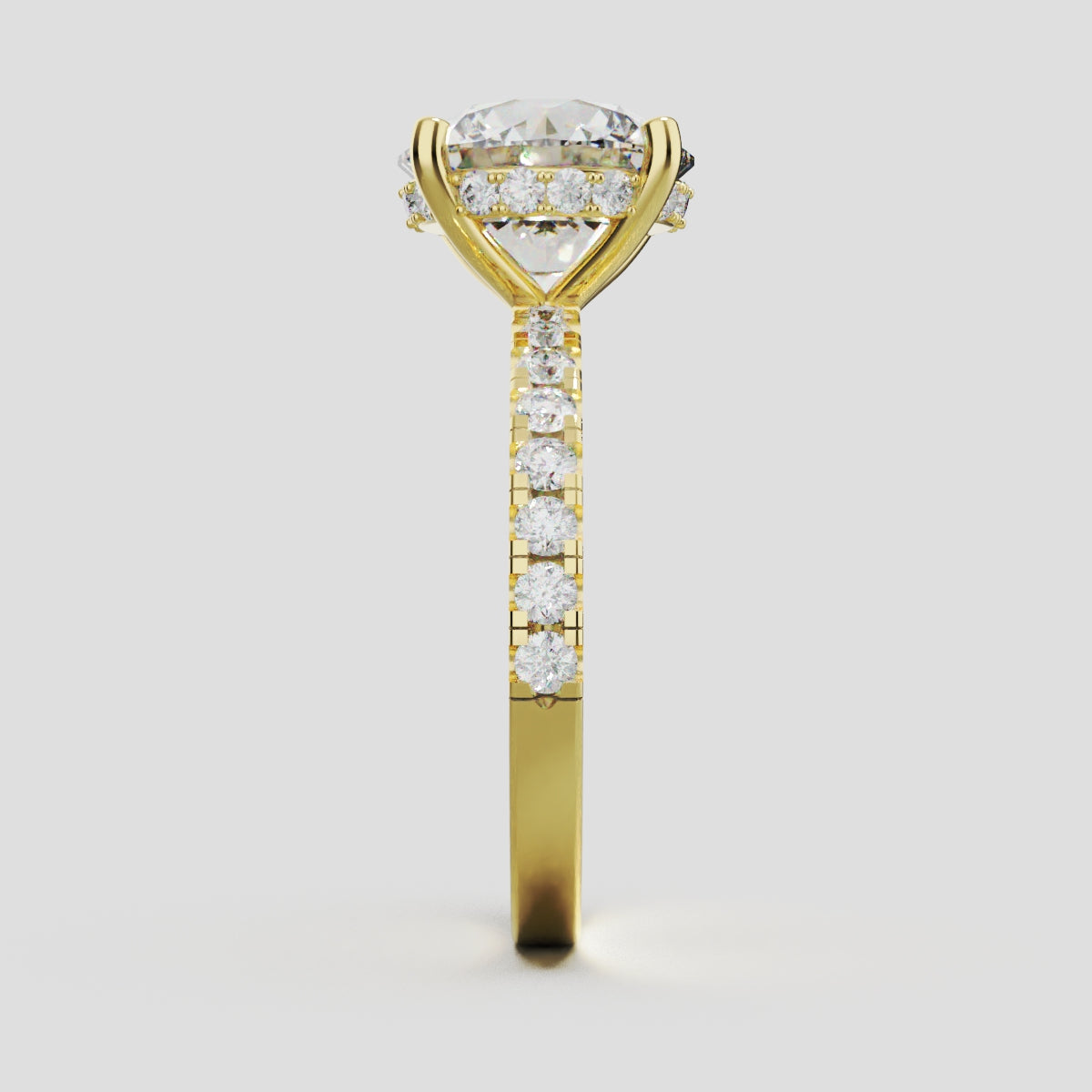Brina, 3ct round lab grown diamond engagement ring, 1.8mm Pave, Hidden Halo, 4 Prongs, 18K yellow gold - side view