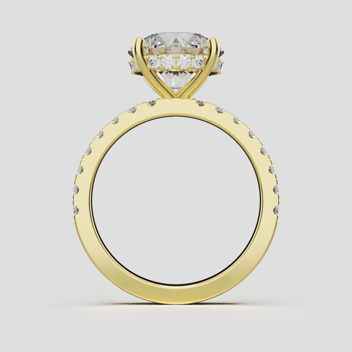 Brina, 3ct round lab grown diamond engagement ring, 1.8mm Pave, Hidden Halo, 4 Prongs, 18K yellow gold - through finger