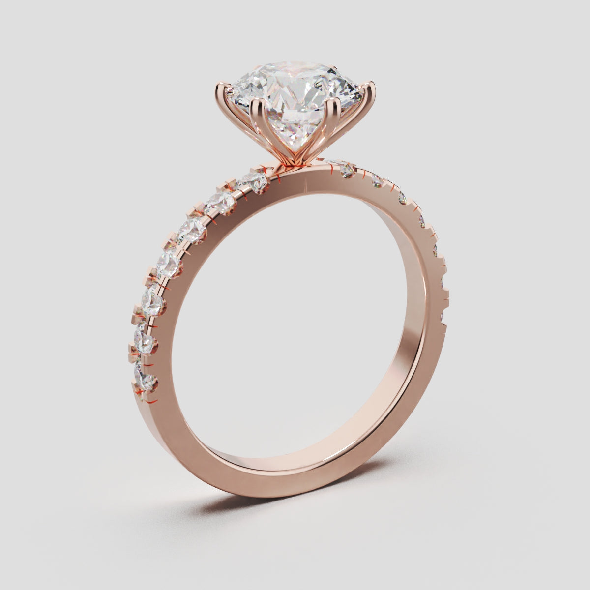 Selciato, 1.5ct round lab grown diamond engagement ring, 2.0mm Pave, 6 Prongs, 18K rose gold - ne