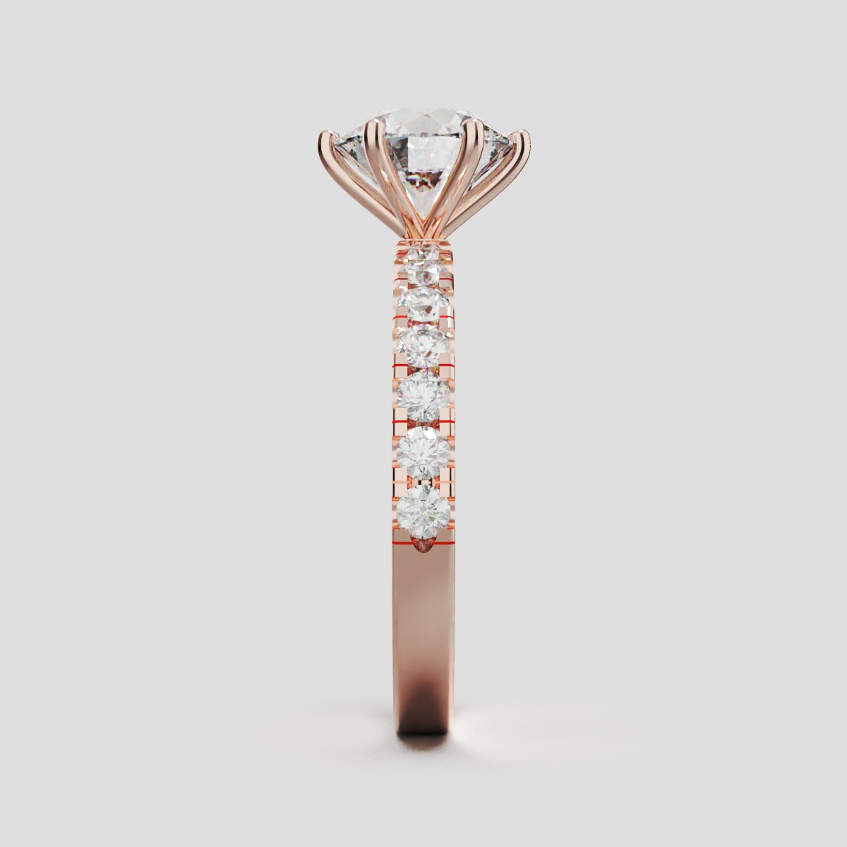 Selciato, 1.5ct round lab grown diamond engagement ring, 2.0mm Pave, 6 Prongs, 18K rose gold - side view