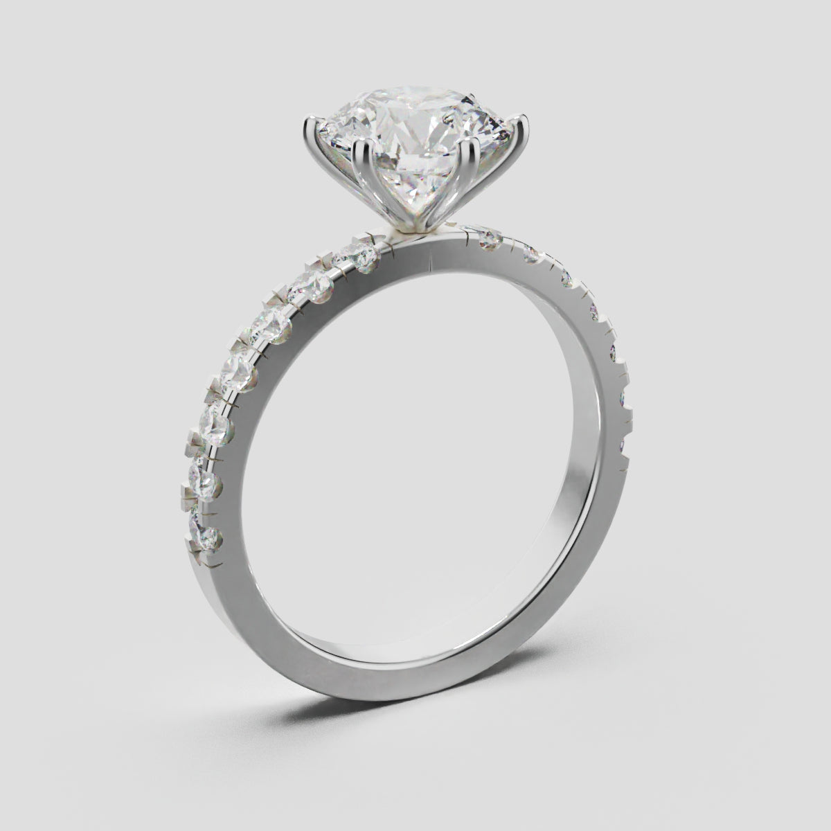 Selciato, 1.5ct round lab grown diamond engagement ring, 2.0mm Pave, 6 Prongs, 18K white gold - ne