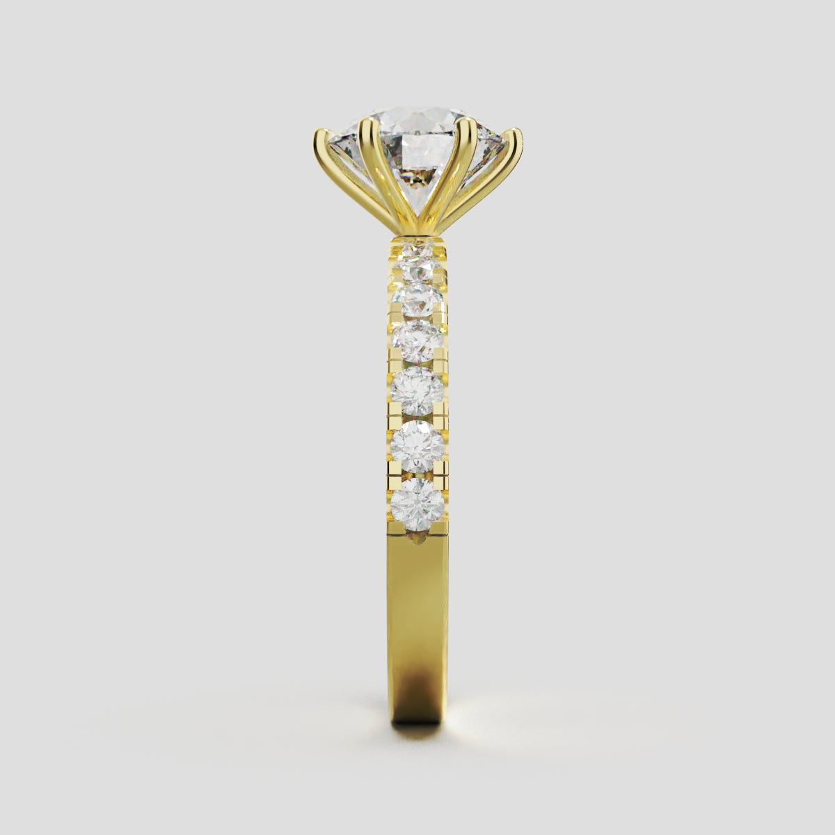 Selciato, 1.5ct round lab grown diamond engagement ring, 2.0mm Pave, 6 Prongs, 18K yellow gold - side view