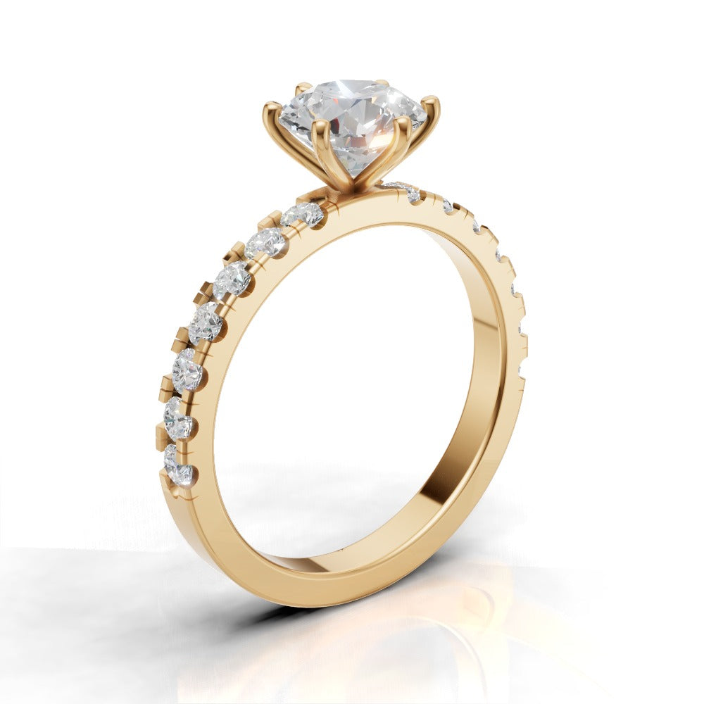 Selciato, 1ct round lab grown diamond engagement ring, 2.0mm Pave, 6 Prongs, 18K yellow gold - ne