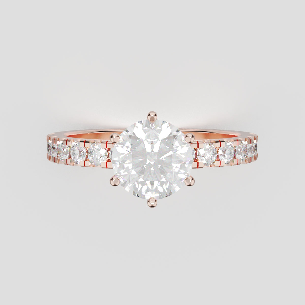 Selciato, 1ct round lab grown diamond engagement ring, 2.0mm Pave, 6 Prongs, 18K rose gold - front view