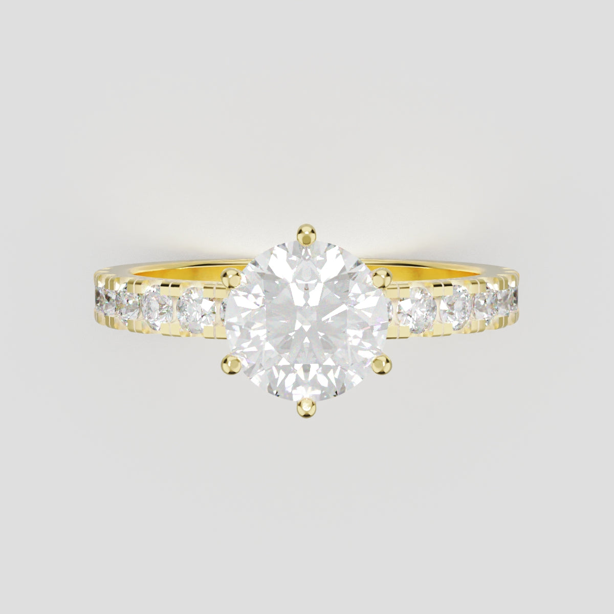 Selciato, 1ct round lab grown diamond engagement ring, 2.0mm Pave, 6 Prongs, 18K yellow gold - front view
