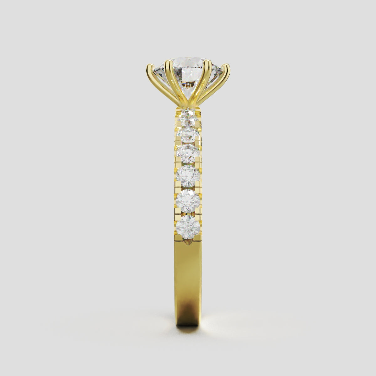 Selciato, 1ct round lab grown diamond engagement ring, 2.0mm Pave, 6 Prongs, 18K yellow gold - side view