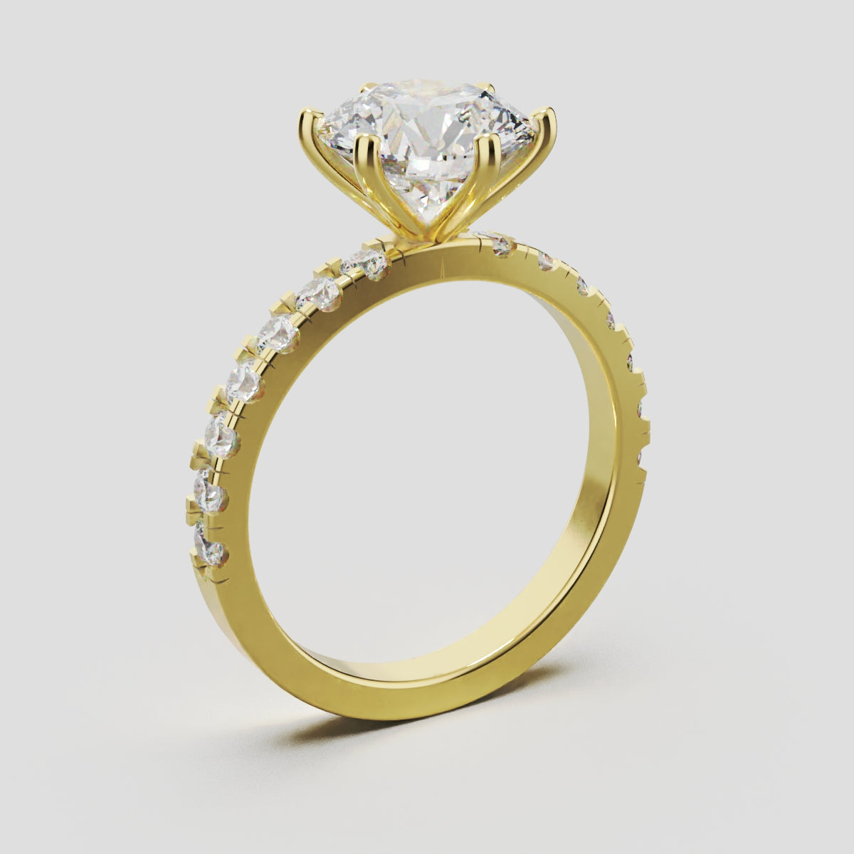 Selciato, 2ct round lab grown diamond engagement ring, 2.0mm Pave, 6 Prongs, 18K yellow gold - ne
