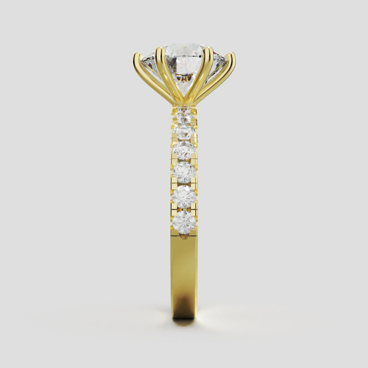Selciato, 2ct round lab grown diamond engagement ring, 2.0mm Pave, 6 Prongs, 18K yellow gold - side view