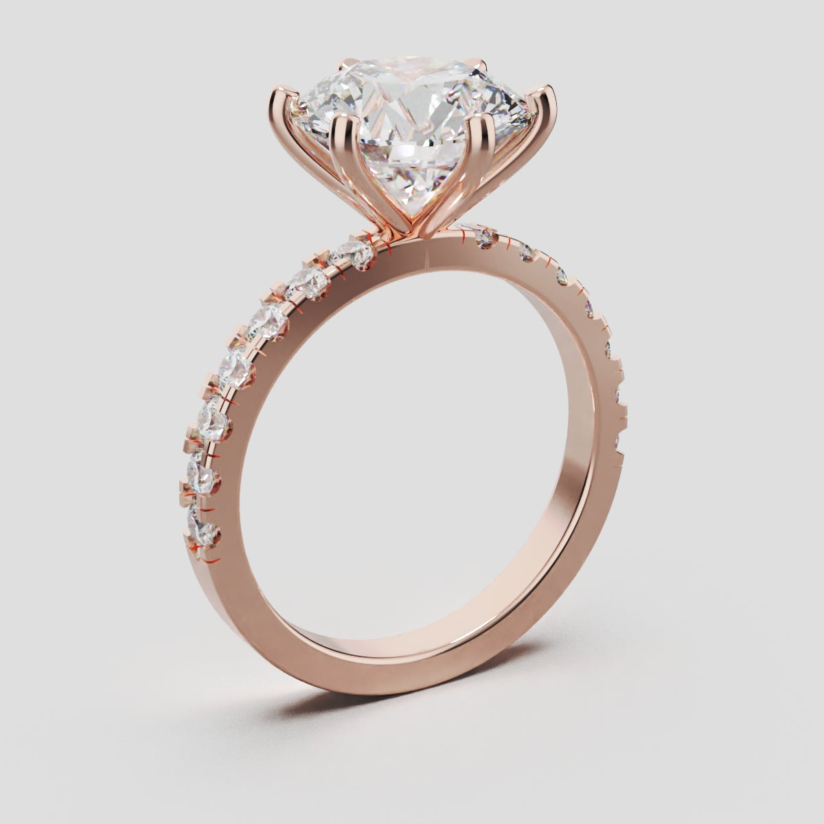 Selciato, 3ct round lab grown diamond engagement ring, 2.0mm Pave, 6 Prongs, 18K rose gold - ne