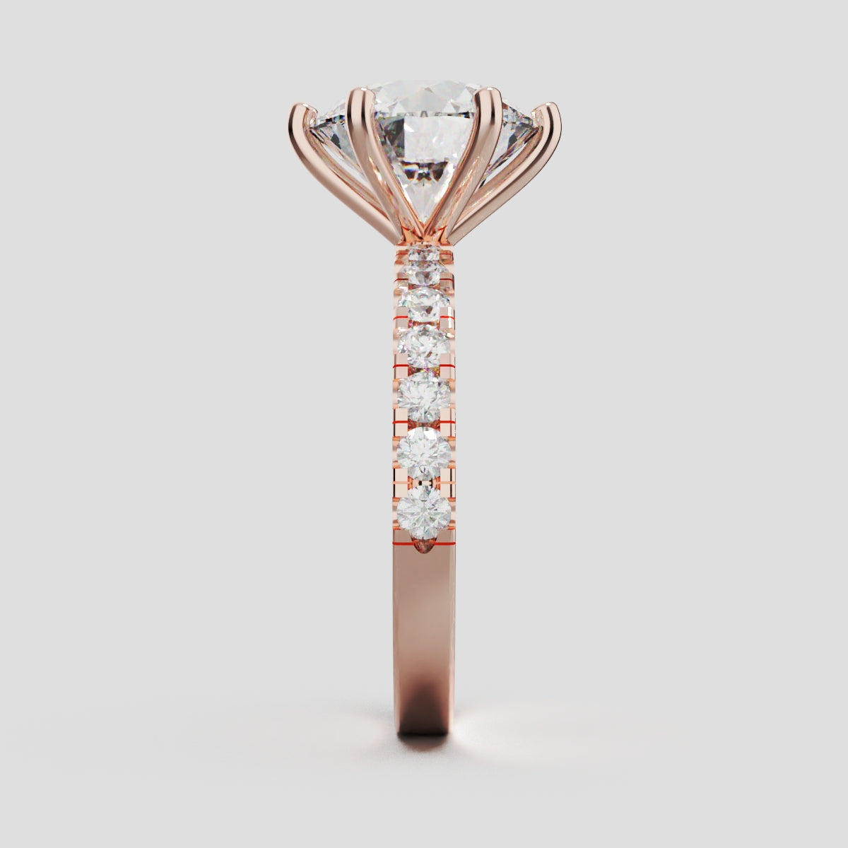 Selciato, 3ct round lab grown diamond engagement ring, 2.0mm Pave, 6 Prongs, 18K rose gold - side view