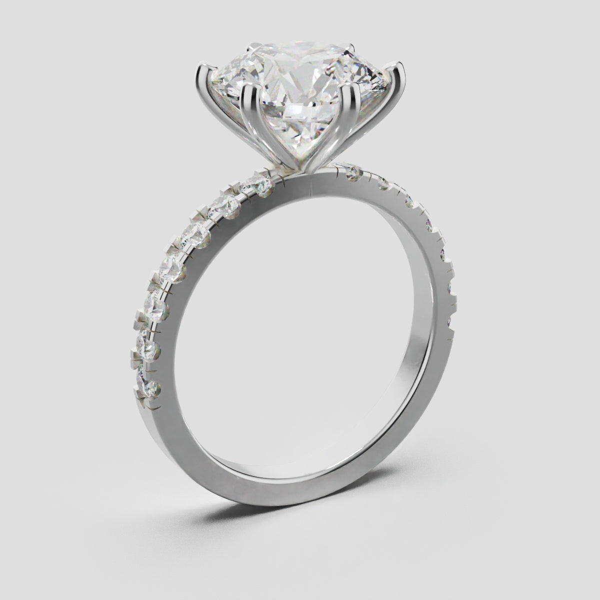 Selciato, 3ct round lab grown diamond engagement ring, 2.0mm Pave, 6 Prongs, 18K white gold - ne