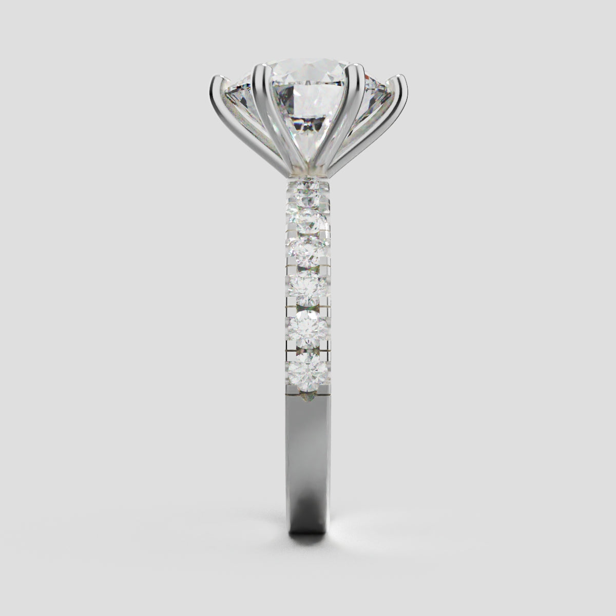 Selciato, 3ct round lab grown diamond engagement ring, 2.0mm Pave, 6 Prongs, 18K white gold - side view