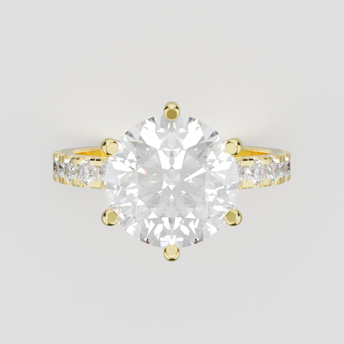 Selciato, 3ct round lab grown diamond engagement ring, 2.0mm Pave, 6 Prongs, 18K yellow gold - front view