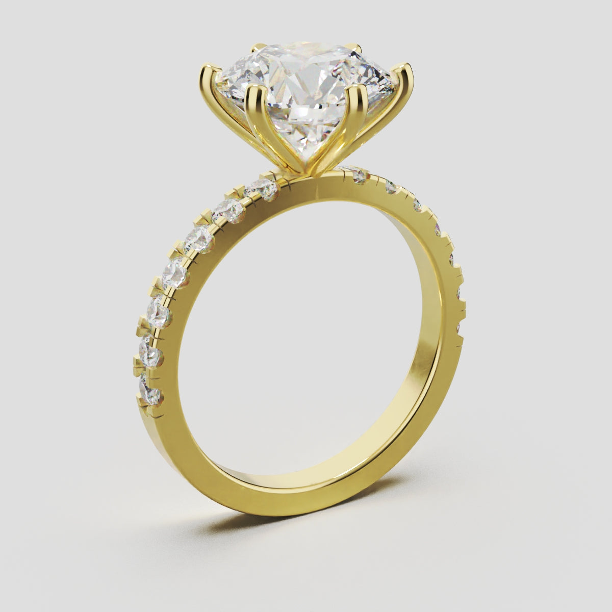 Selciato, 3ct round lab grown diamond engagement ring, 2.0mm Pave, 6 Prongs, 18K yellow gold - ne