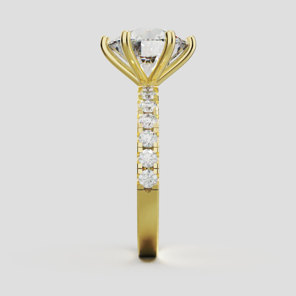 Selciato, 3ct round lab grown diamond engagement ring, 2.0mm Pave, 6 Prongs, 18K yellow gold - side view