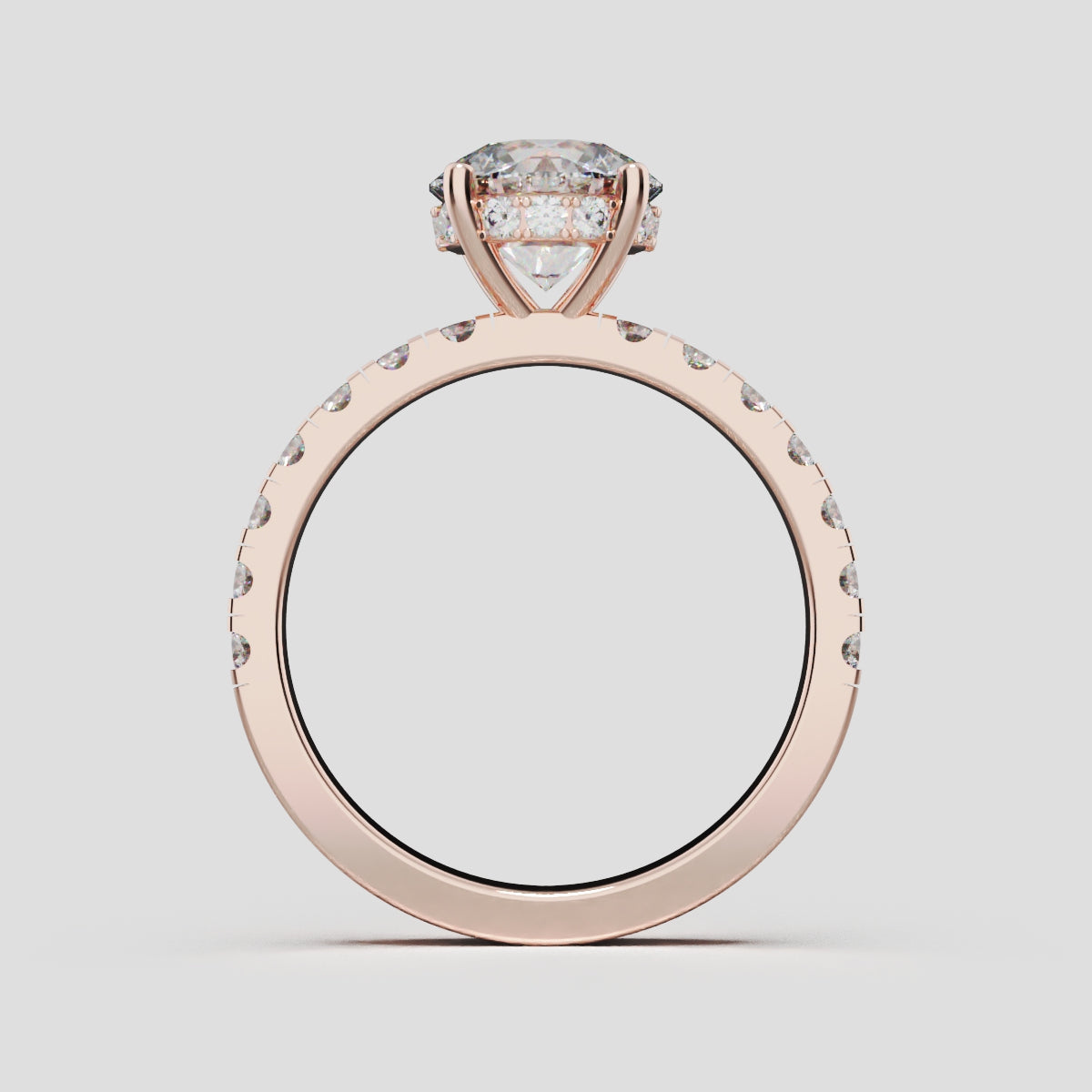 Nimbo, 1.5ct round lab grown diamond engagement ring, 2.0mm Pave, Hidden Halo, 4 Prongs, 18K rose gold - through finger
