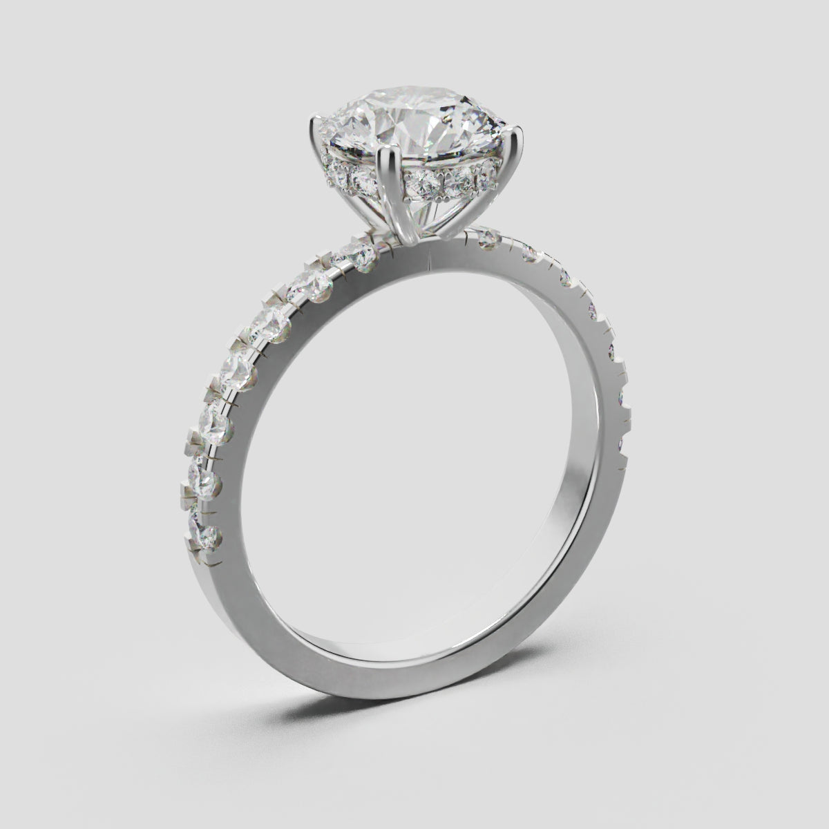 Nimbo, 1.5ct round lab grown diamond engagement ring, 2.0mm Pave, Hidden Halo, 4 Prongs, 18K white gold - ne