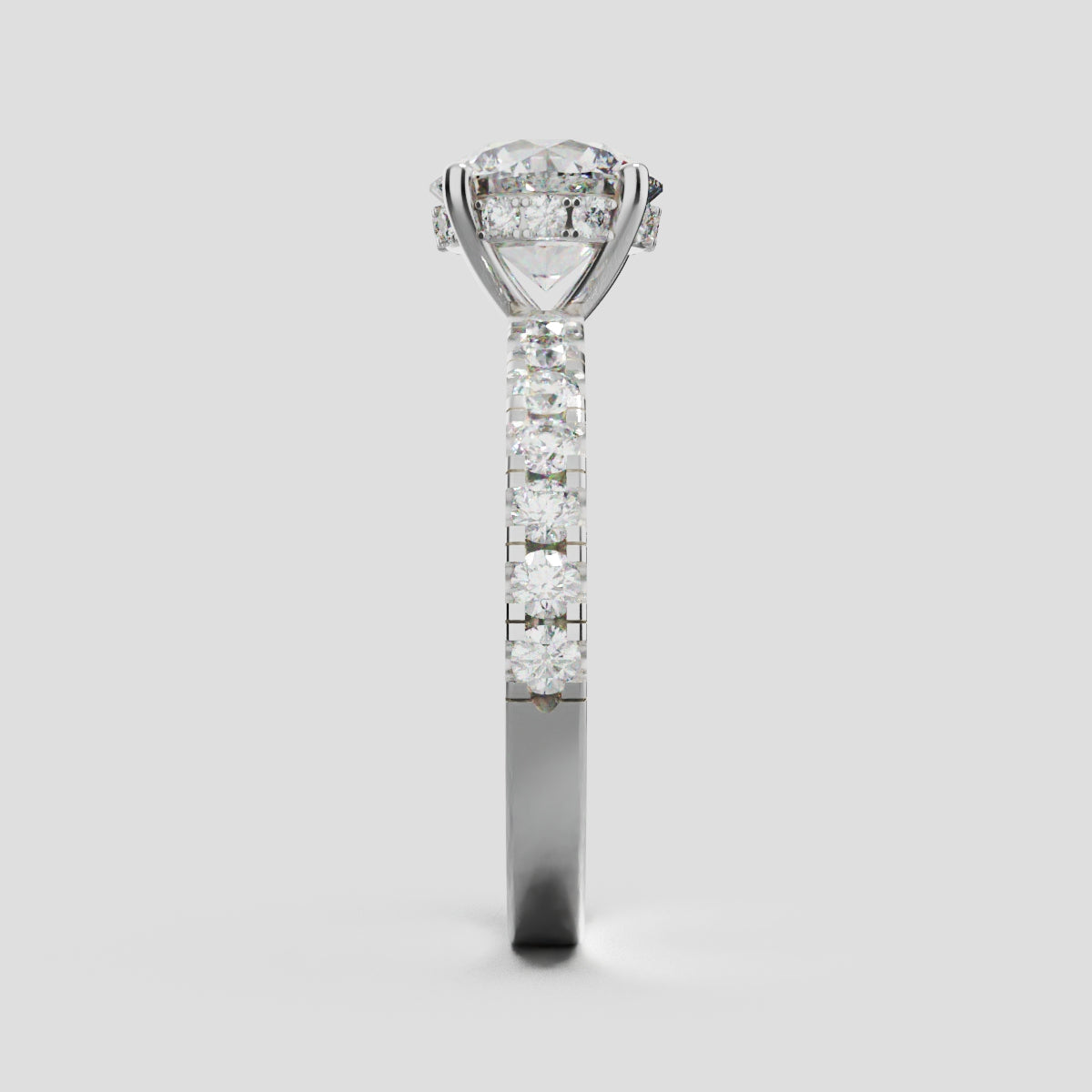 Nimbo, 1.5ct round lab grown diamond engagement ring, 2.0mm Pave, Hidden Halo, 4 Prongs, 18K white gold - side view