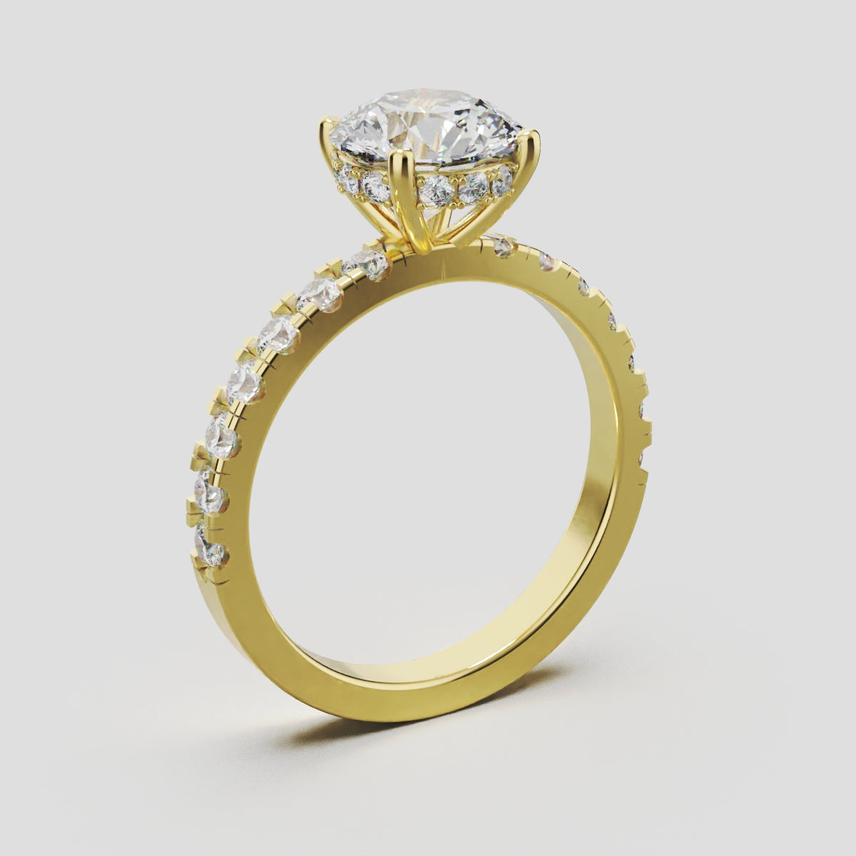 Nimbo, 1.5ct round lab grown diamond engagement ring, 2.0mm Pave, Hidden Halo, 4 Prongs, 18K yellow gold - ne