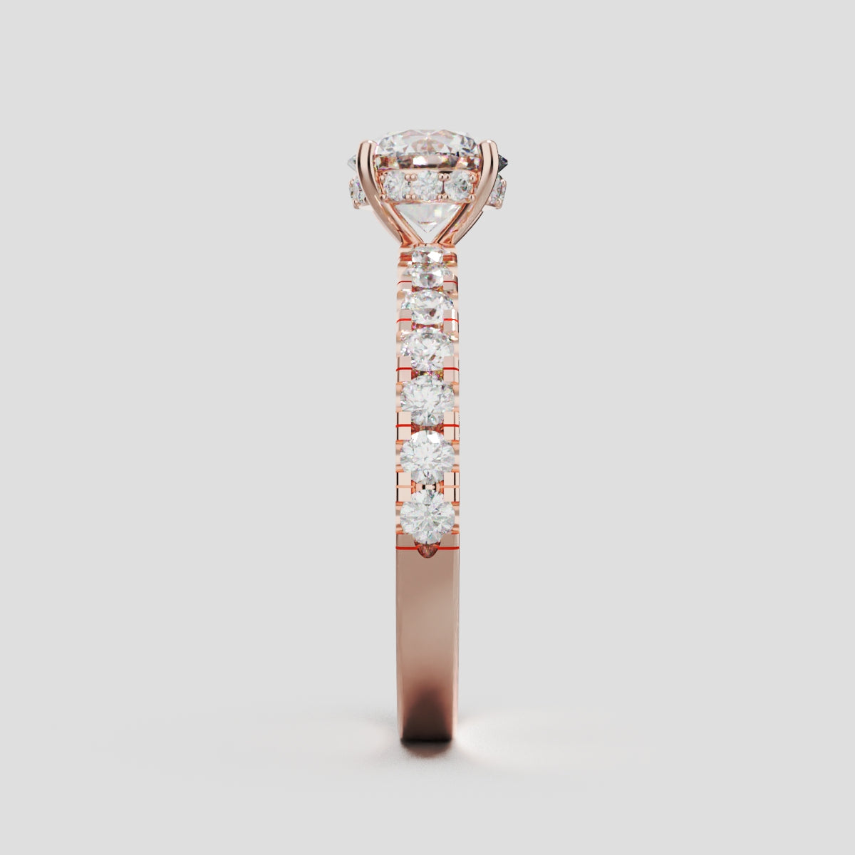 Nimbo, 1ct round lab grown diamond engagement ring, 2.0mm Pave, Hidden Halo, 4 Prongs, 18K rose gold - side view
