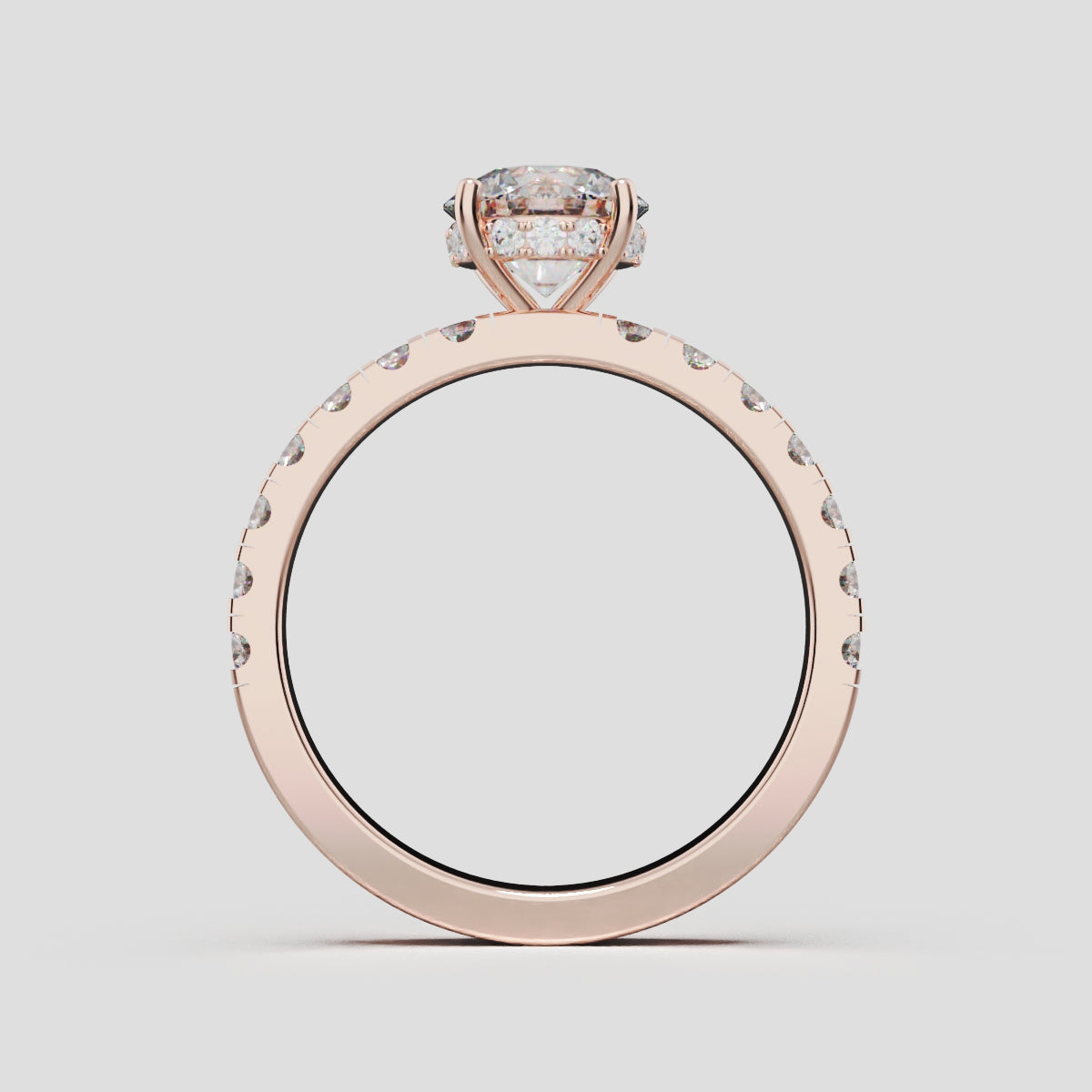 Nimbo, 1ct round lab grown diamond engagement ring, 2.0mm Pave, Hidden Halo, 4 Prongs, 18K rose gold - through finger