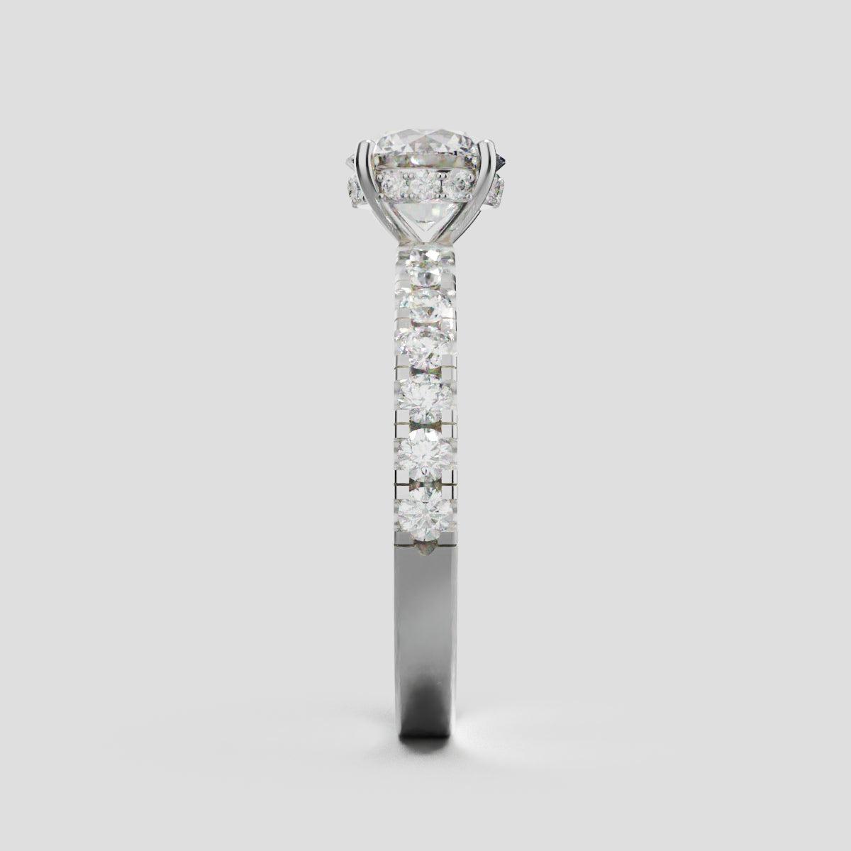 Nimbo, 1ct round lab grown diamond engagement ring, 2.0mm Pave, Hidden Halo, 4 Prongs, 18K white gold - side view