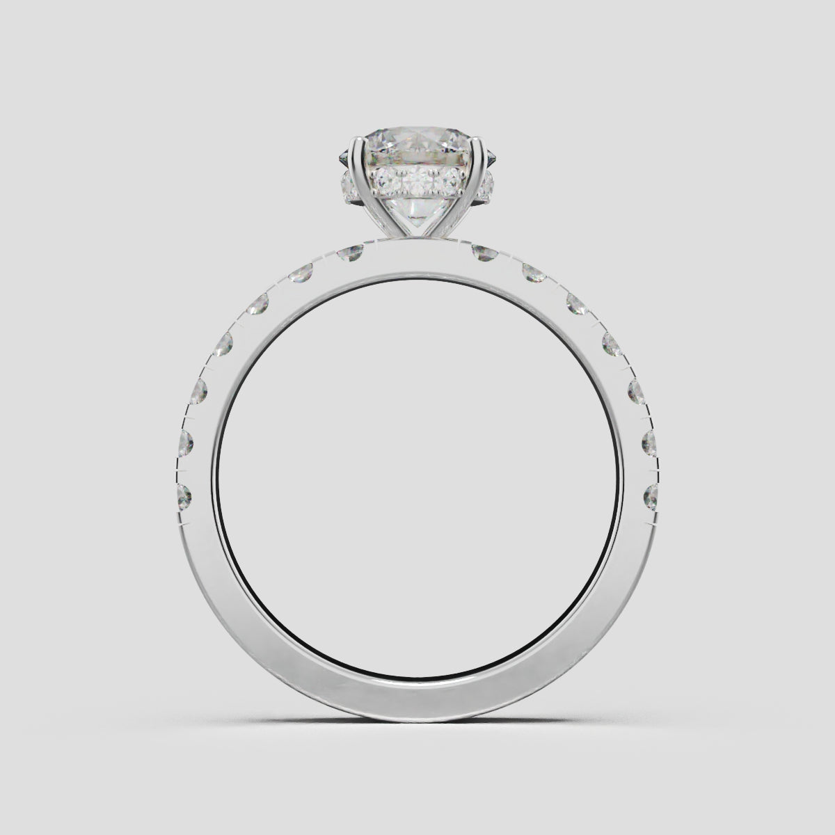 Nimbo, 1ct round lab grown diamond engagement ring, 2.0mm Pave, Hidden Halo, 4 Prongs, 18K white gold - through finger