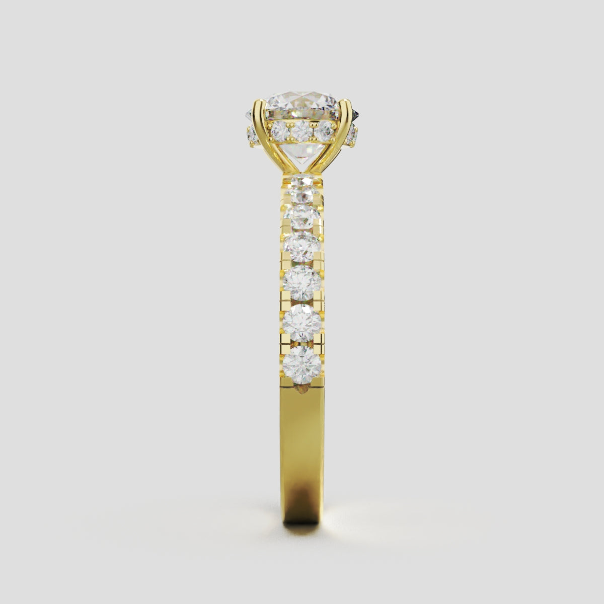 Nimbo, 1ct round lab grown diamond engagement ring, 2.0mm Pave, Hidden Halo, 4 Prongs, 18K yellow gold - side view