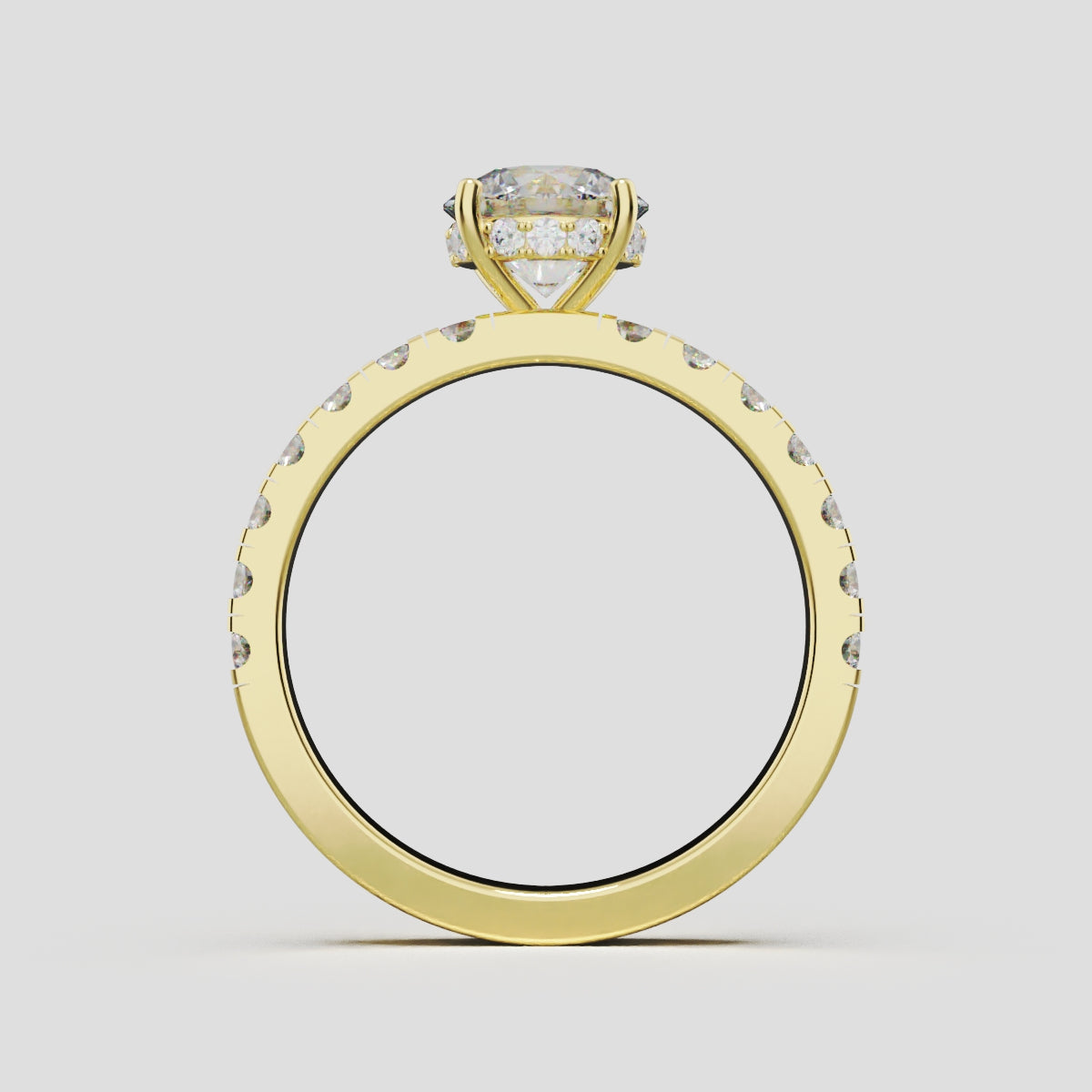 Nimbo, 1ct round lab grown diamond engagement ring, 2.0mm Pave, Hidden Halo, 4 Prongs, 18K yellow gold - through finger