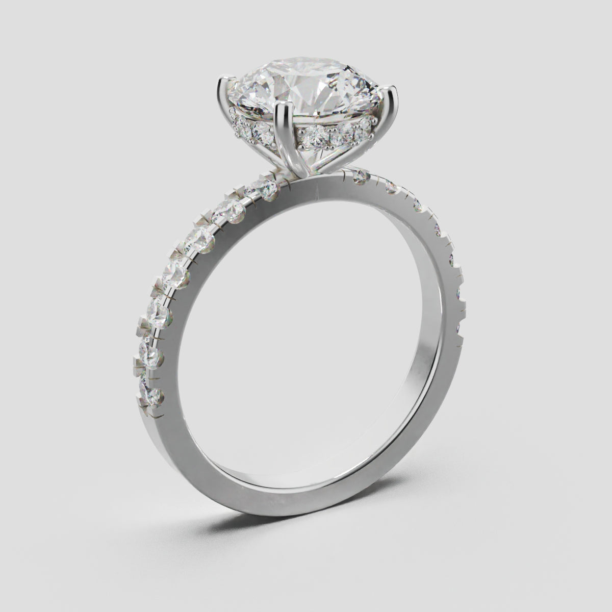 Nimbo, 2ct round lab grown diamond engagement ring, 2.0mm Pave, Hidden Halo, 4 Prongs, 18K white gold - ne