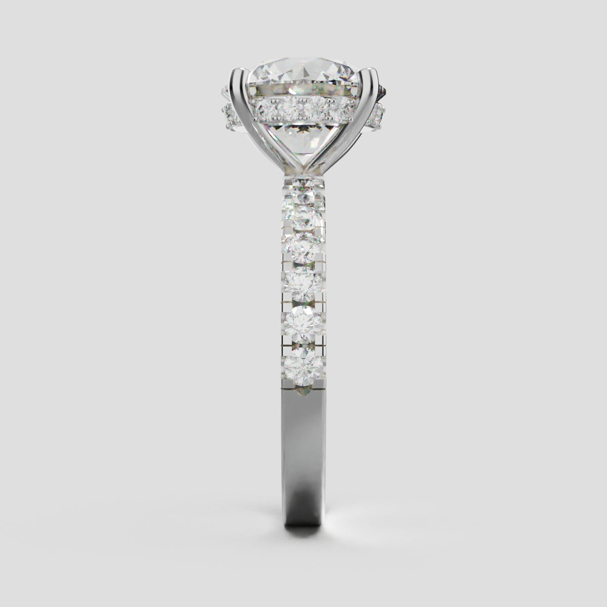 Nimbo, 3ct round lab grown diamond engagement ring, 2.0mm Pave, Hidden Halo, 4 Prongs, 18K white gold - side view