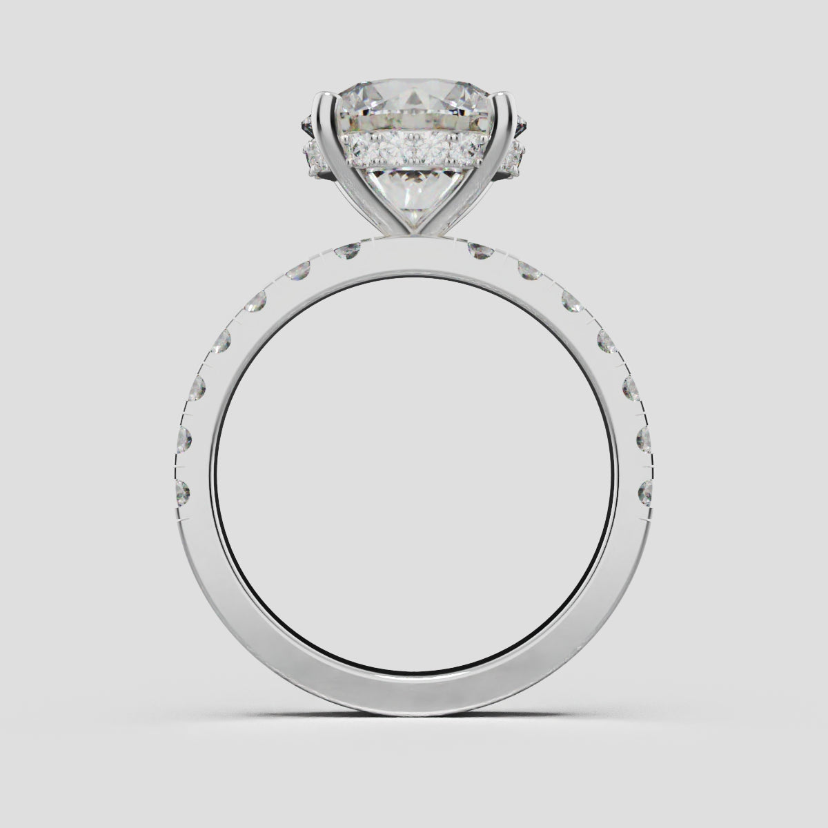 Nimbo, 3ct round lab grown diamond engagement ring, 2.0mm Pave, Hidden Halo, 4 Prongs, 18K white gold - through finger