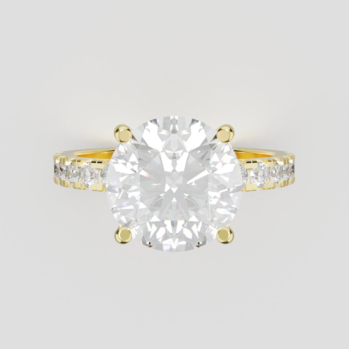 Nimbo, 3ct round lab grown diamond engagement ring, 2.0mm Pave, Hidden Halo, 4 Prongs, 18K yellow gold - front view