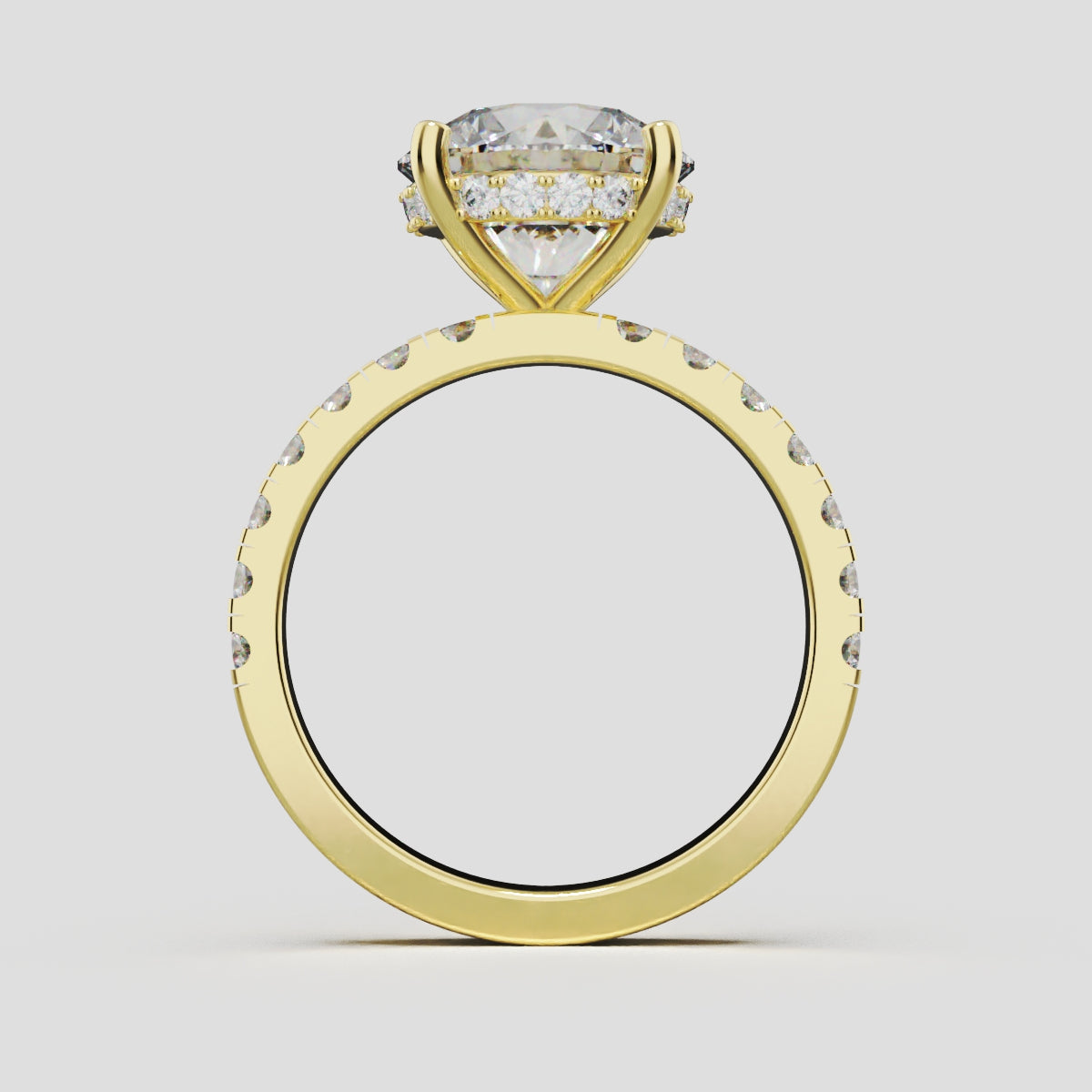 Nimbo, 3ct round lab grown diamond engagement ring, 2.0mm Pave, Hidden Halo, 4 Prongs, 18K yellow gold - through finger