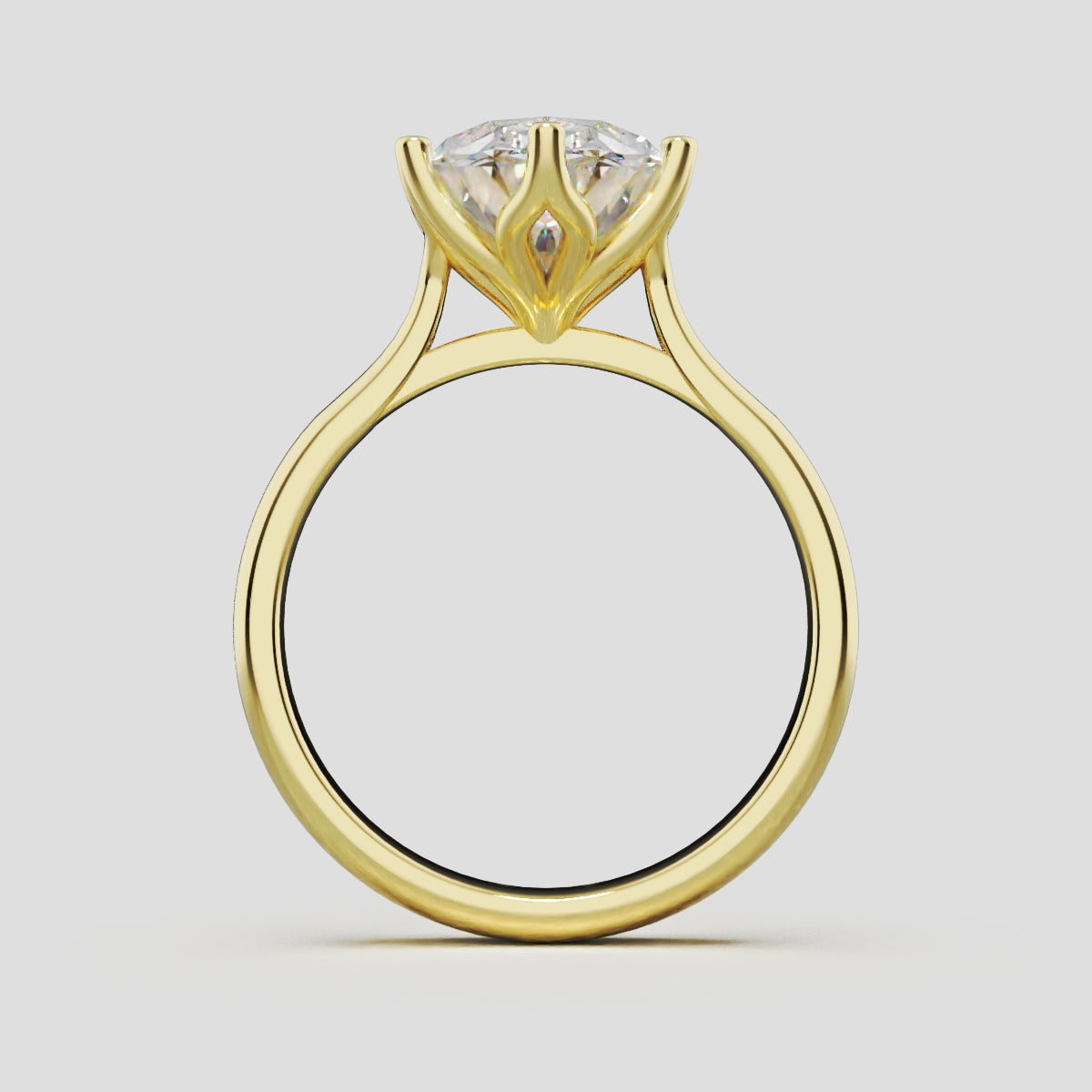 Ninfea, 3ct oval lab grown diamond engagement ring, Petal Cathedral, 18K yellow gold - through finger