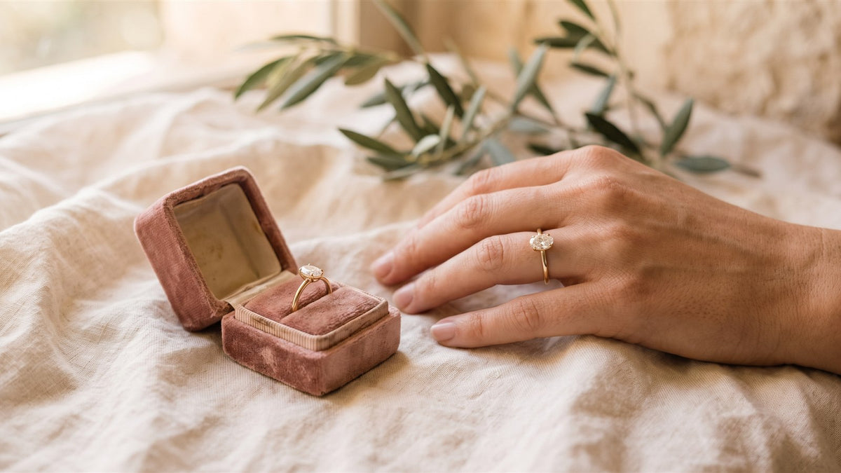 A hand wearing a yellow gold oval diamond ring beside an open velvet ring box