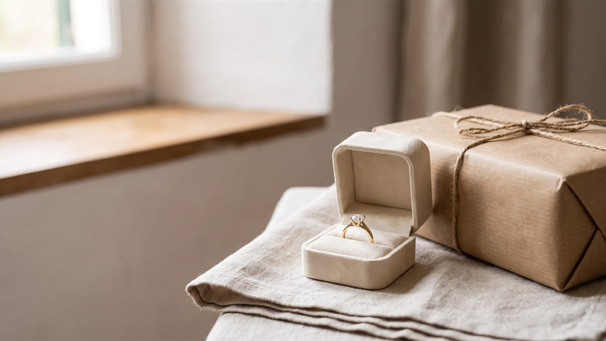 Yellow gold diamond solitaire ring in a cream box beside a parcel tied with twine