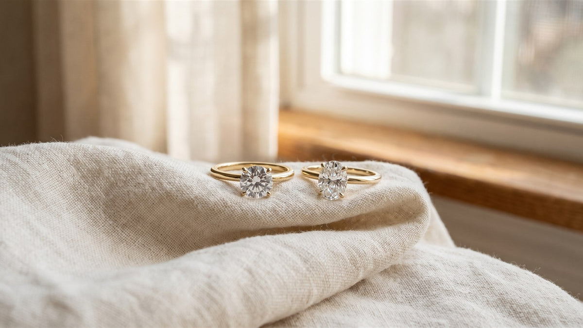 A round and an oval diamond solitaire ring in yellow gold resting on cream linen