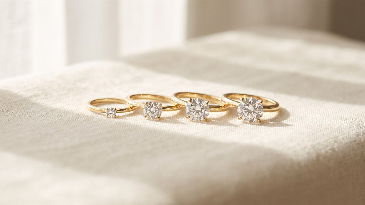 Four yellow gold solitaire rings with round diamonds of increasing size on cream linen