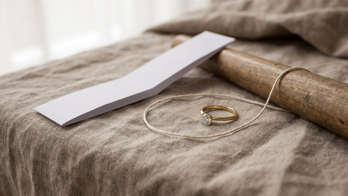 A yellow gold diamond solitaire ring beside a paper strip and thread on linen