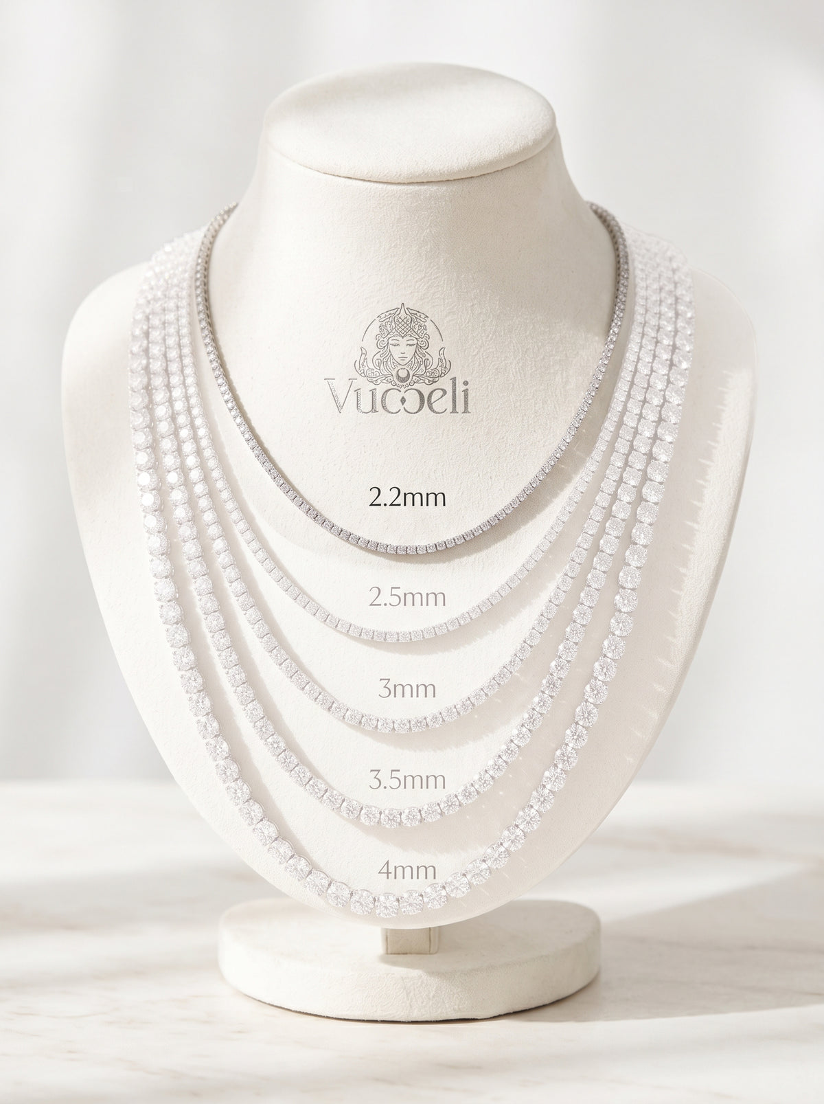 Classico tennis necklace, 2.2mm lab grown diamonds, 18K white gold - stone size comparison with 2.2mm highlighted