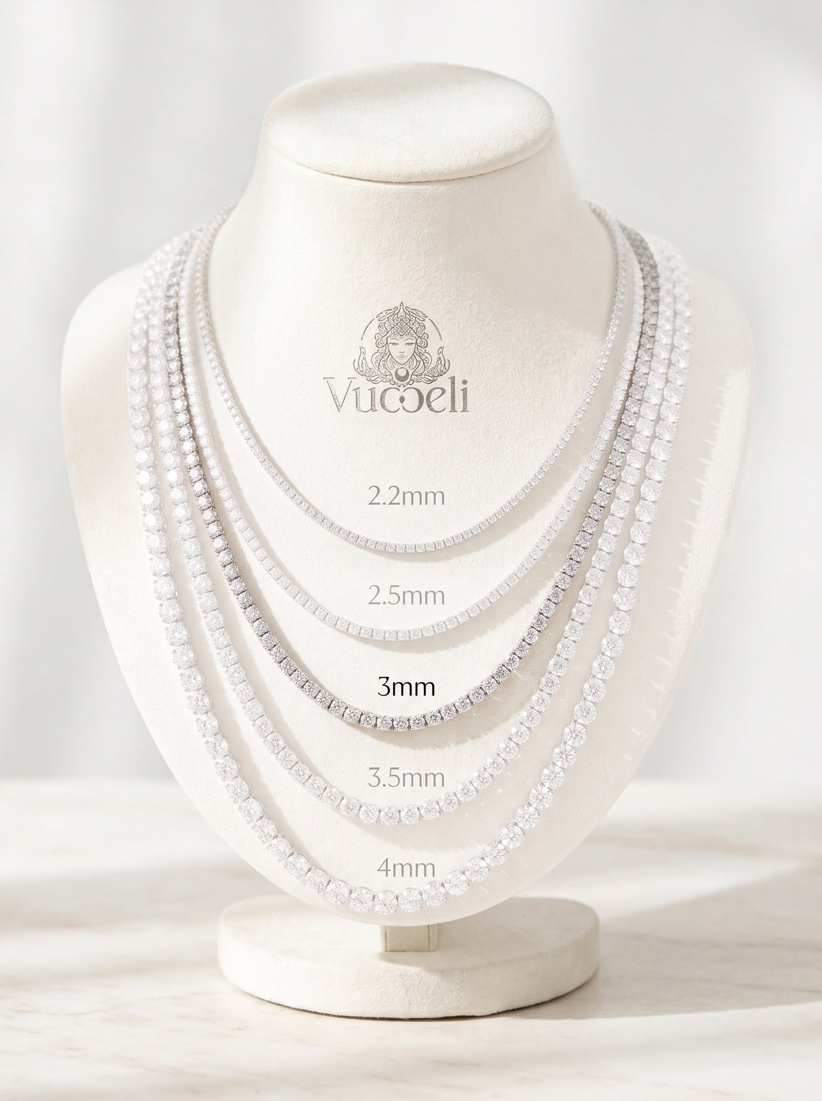 Classico tennis necklace, 3.0mm lab grown diamonds, 18K white gold - stone size comparison with 3.0mm highlighted