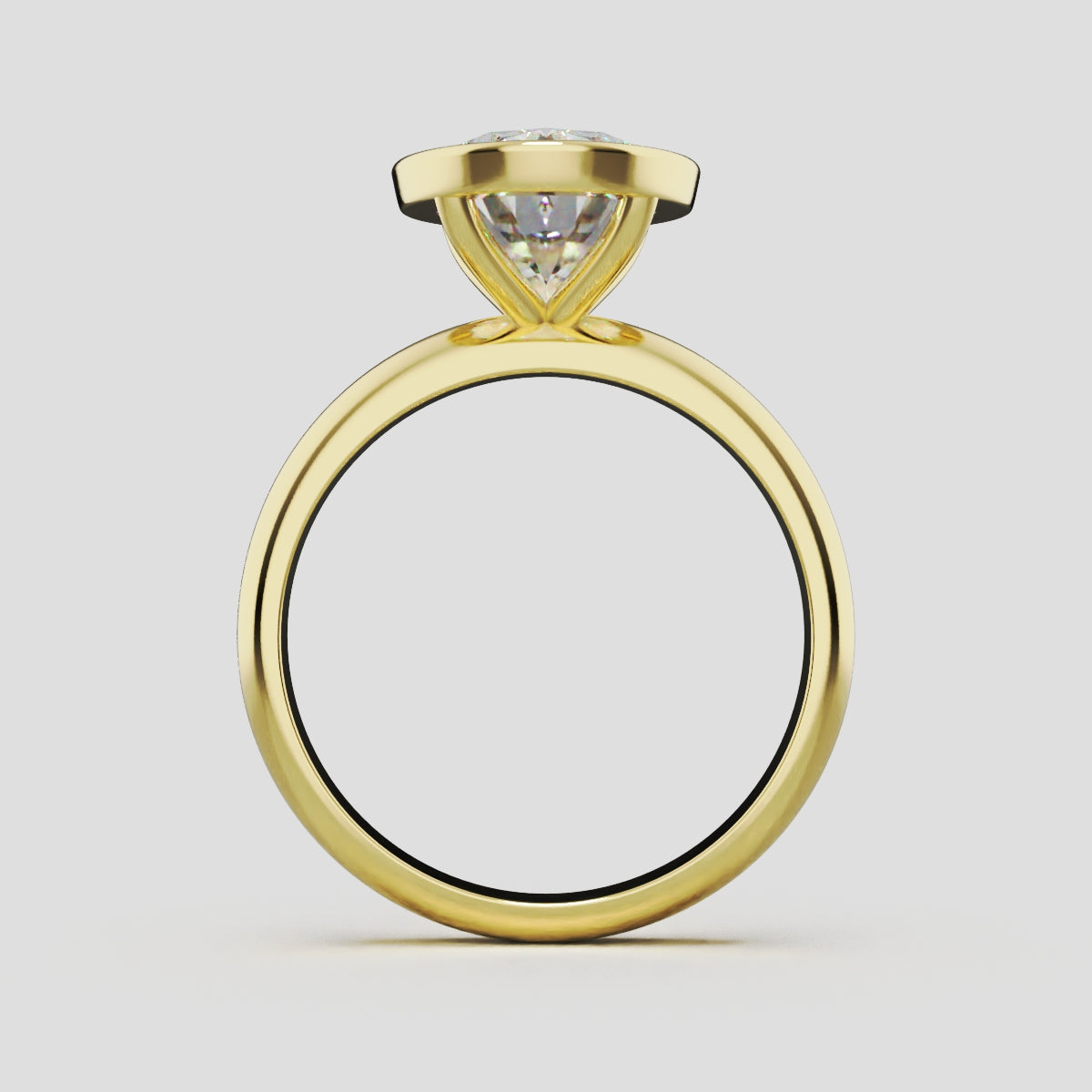 Alba, 3ct oval lab grown diamond engagement ring, Bezel, 18K yellow gold - through finger